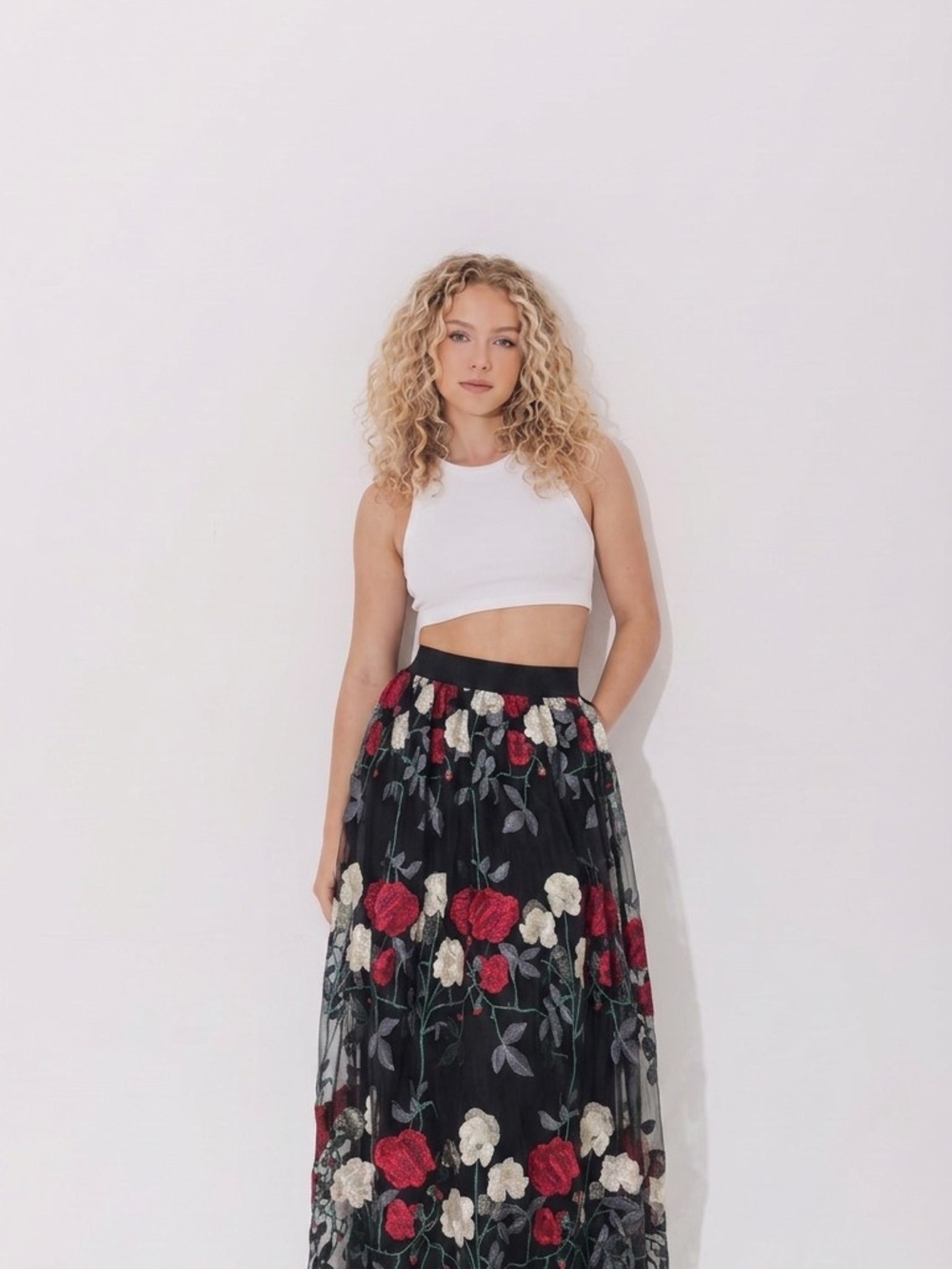 Forever 21 Black Maxi Skirt with Red and Cream Floral Embroidery